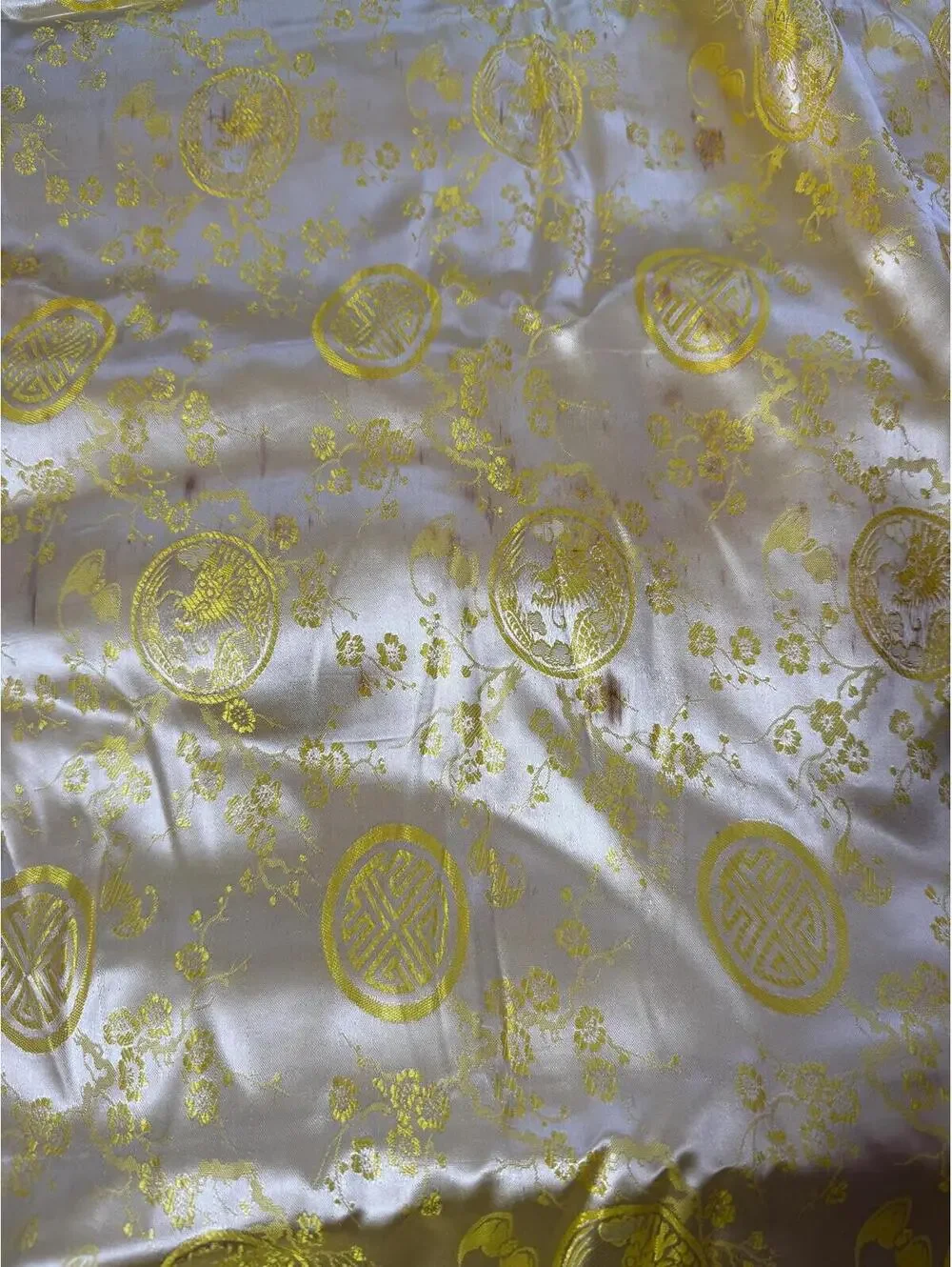 Vintage Yellow Satin Brocade Fabric: Asian Floral Pattern, 11 Yards